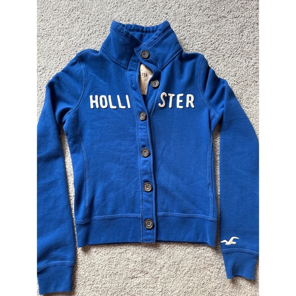 Hollister Sweaters - Hollister Sweater Womens XS Blue Button Front Long Sleeve Mock Bird Logo Cotton